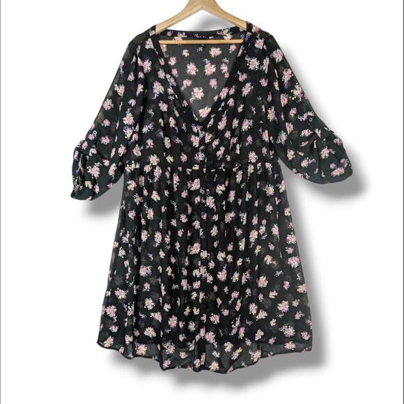 Torrid Sheer Babydoll Dress Topper Black Pink Floral 1X Plus Size - Picture 1 of 15